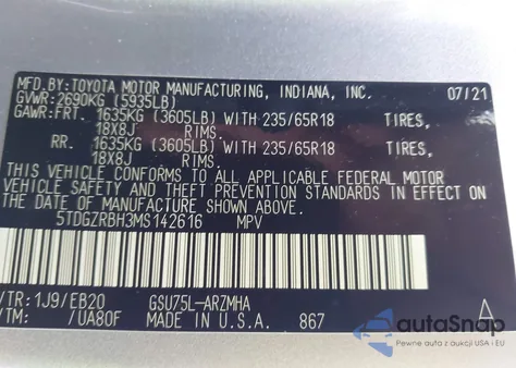 2021 Toyota Highlander Xle z USA, uszkodzony, nr VIN 5TDGZRBH3MS142616